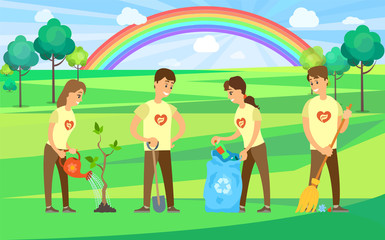 Volunteers in park cleaning area from waste vector, sorting garbage in plastic bag, man and woman wearing tshirts with logo, growing tree watering plant