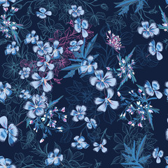 Vector seamless pattern with hand drawn flowers in blue color