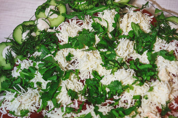 fresh salad of cheese, cucumbers with herbs and olives.