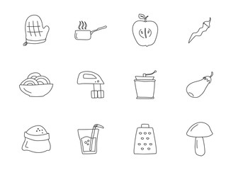 food and kitchen hand drawn linear vector icons isolated on white background. food and kitchen doodle icon set for web and ui design, mobile apps and print products