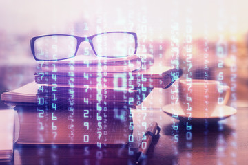Data tech hologram with glasses on the table background. Concept of technology. Double exposure.