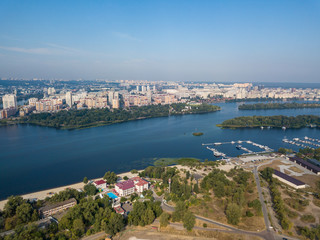 Fototapeta premium Aerial drone view of the Dnieper River in Kiev. Clear sunny day.