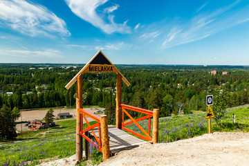 Kouvola, Finland - 11 June 2020: Beautiful top view from above of city Kouvola from slope Mielakka.