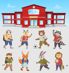 Illustration of animals students near school building. Collection of funny vector cartoon schoolkids. Characters of forest inhabitants get an education, studying with books, children go to study