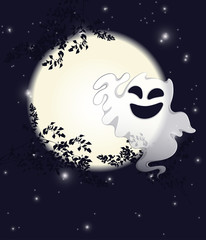 A cute ghost smiles and waves his hand against the background of a round moon and tree branches. Night background with a starry sky. Postcard template for Halloween.