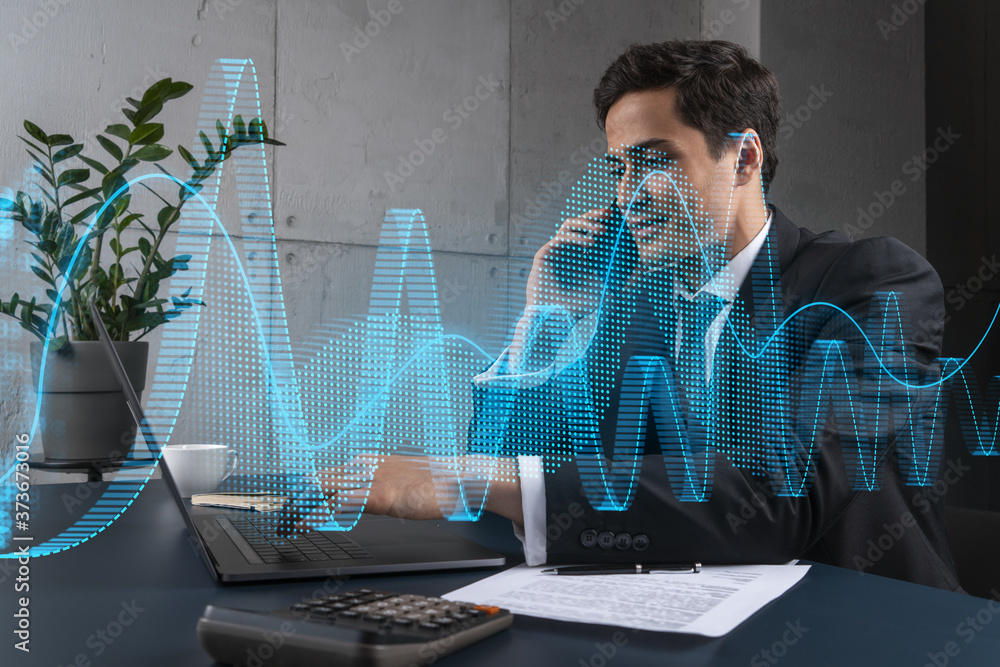 Poster businessman in office working with laptop technology online trading graph and chart, typing computer