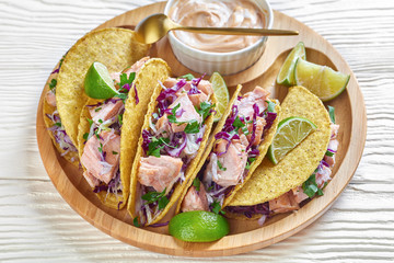 fish tacos with shredded red cabbage salad