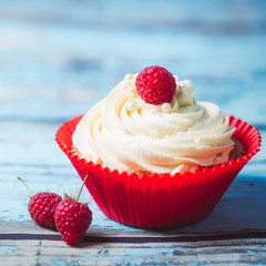 Vanilla cupcakes with raspberries.