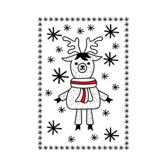 Cartoon xmas card with deer isolated on white. Christmas symbol. Vector stock illustration. EPS 10