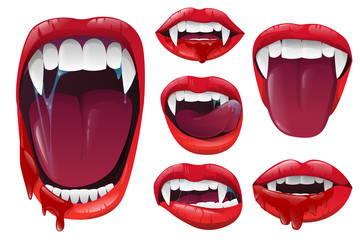 Set vampire lips and mouth with fangs