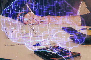 Haman brain multi exposure icon with man hands background.