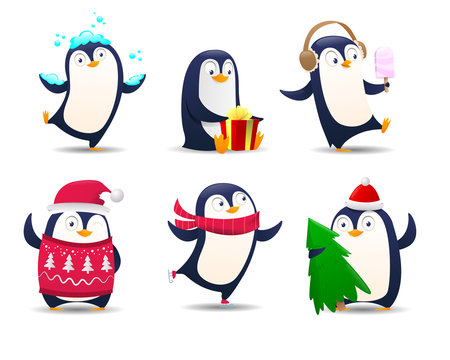 Collection of cartoon penguin. Christmas Penguins