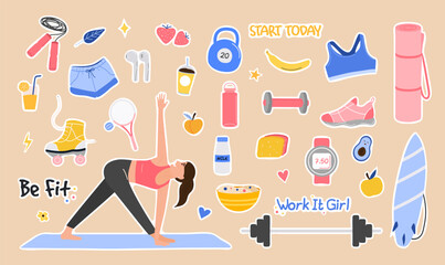 Sport set lifestyle concept. Cute girl doing exercises trying to keep fit. Hand drawn funny elements of a healthy lifestyle. Trendy sports life. Colorful Cartoon Flat Vector Illustration