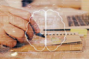 Brain multi exposure icon with man hands background.