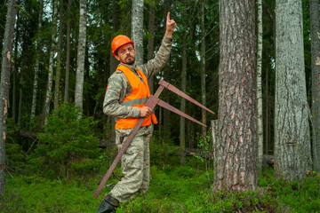 Forest engineer works in the forest. A forest worker makes an inventory of the forest fund. Real...