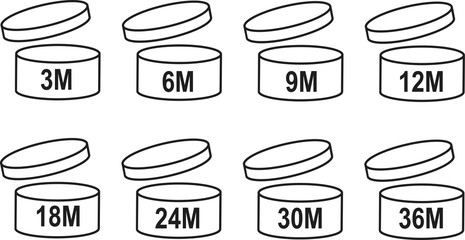 pao symbol shelf life vector icon. cosmetic open period use logo. 3, 6, 12, 24, 36, 3m, 6m, 12m, 24m, 36m month best before product mark. cream eu pack label. isolated white background set 