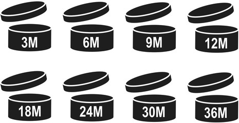 pao symbol shelf life vector icon. cosmetic open period use logo. 3, 6, 12, 24, 36, 3m, 6m, 12m, 24m, 36m month best before product mark. cream eu pack label. isolated white background set 