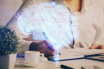 Brain multi exposure icon with man hands background.