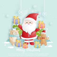 Christmas card, celebrations with cute Santa, bear and gingerbread man Christmas scene, vector illustration. 