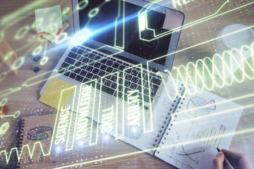 Man's hands working with notes background. Scientist checklist or entry data, research and experiment concept.