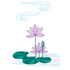 Art & Illustration. Stylized illustration of a lotus in the water with clouds. Legends of Egypt.