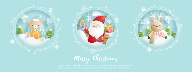Christmas card, celebrations with Santa and friends for Christmas banner, vector illustration. 