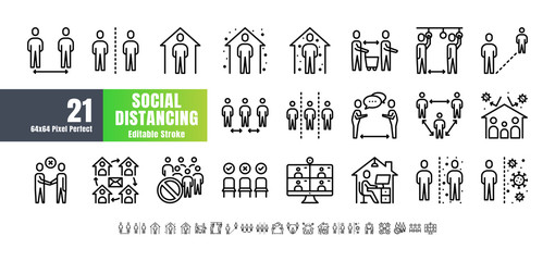 Vector of 21 Social Distancing, Coronavirus Covid-19 Line Outline Icons. Stay Home, Work from Home. 64x64 Pixel Perfect Editable Stroke.