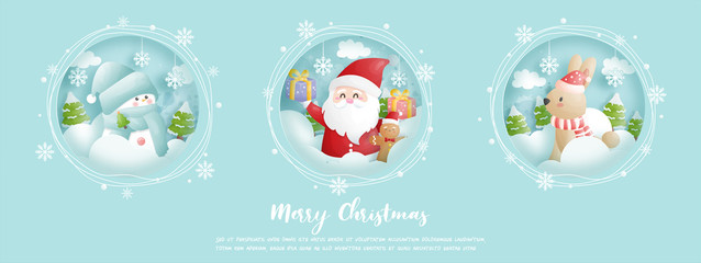 Christmas card, celebrations with Santa and friends for Christmas banner, vector illustration. 