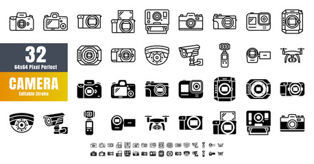 Bundle Vector of 32 Camera Line Outline and Solid Glyph Details Icon Set. 48x48 Pixel Perfect Editable Stroke.