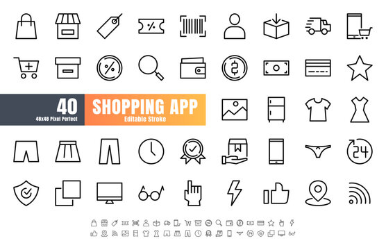 48x48 Pixel Perfect of Ecommerce Online Shopping App User Interface. Such as Shop, Warrnaty, Clothing, Cart, Delivery, Price Tag, E-Wallet. Thin Line Outline Icons Vector. Editable Stroke.