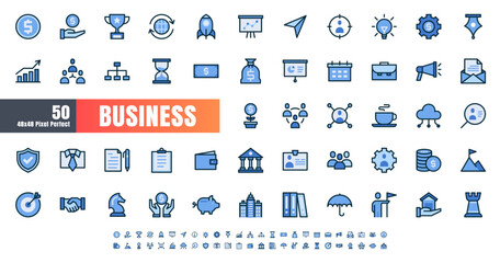 Vector of 50 Business and Financial Solid Monochrome Flat Color Line Icon Set. 48x48 and 192x192 Pixel Perfect.