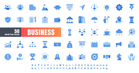 Vector of 50 Business and Financial Solid Monochrome Flat Color Icon Set. 48x48 and 192x192 Pixel.