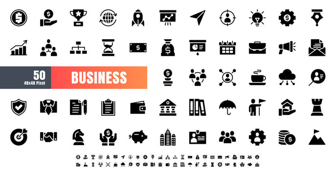 Vector of 50 Business and Financial Solid Glyph Icon Set. 48x48 Pixel.