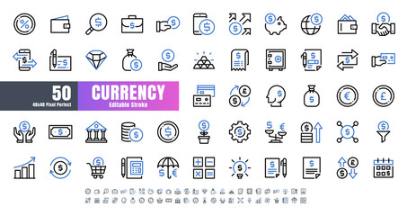 Vector of 50 Currency FInancial Bicolor Line Outline Icon Set. 48x48 Pixel Perfect Editable Stroke.