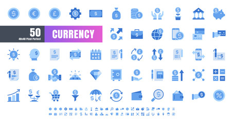 Vector of 50 Currency FInancial Monochrome Flat Blue Icon Set. 48x48 Pixel Perfect.
