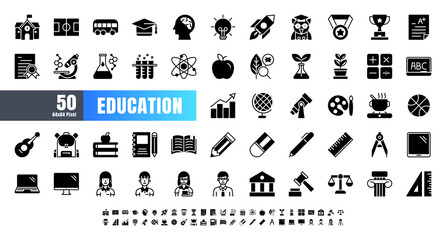 Vector of 50 Education and School Subject solid Glyph Icon Set. 64x64 and 256x256 Pixel Perfect. © KP Arts