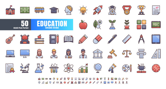 Vector of 50 Education and School Subject. Filled Gradient Color Line Outline Icon Set. 64x64 and 256x256 Pixel Perfect Editable Stroke.