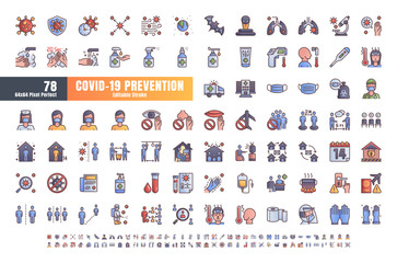 Vector of 78 Covid-19 PreventionGradient Filled Outline Icons. Coronavirus, Social Distancing, Quarantine, Stay Home. 64x64 Pixel Perfect. Editable Stroke.