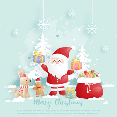 Christmas card, celebrations with Santa and friends, Christmas scene in paper cut style vector illustration. 