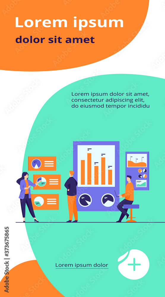 Aufkleber office workers analyzing and researching business data vector illustration. marketing analysts devel