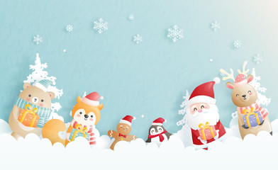 Christmas card, celebrations with Santa and friends, Christmas scene in paper cut style vector illustration. 