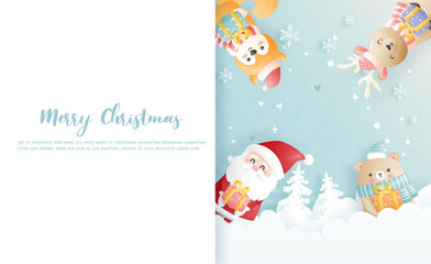 Christmas card, celebrations with Santa and friends, Christmas scene in paper cut style vector illustration. 
