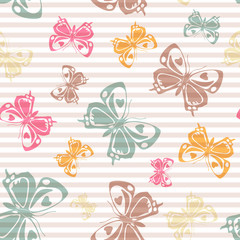 Obraz premium Flying butterfly silhouettes over striped background vector seamless pattern.