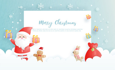 Christmas card, celebrations with Santa and friends, Christmas scene in paper cut style vector illustration. 