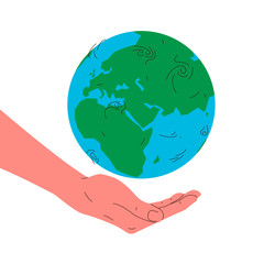 Earth globe with a hand. Vector concept illustration of blue and green earth planet globe with humans hand carefully holding it. Concept of care for environment, environmental conservation, ecosystem