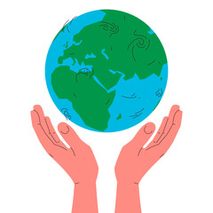 Earth globe in hands. Vector concept illustration of blue and green earth planet globe in two human hands carefully holding it. Concept of care for environment, environmental conservation, ecosystem