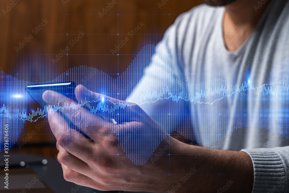 Poster man using phone. hands typing smartphone. double exposure with forex graph hologram. close up. finan