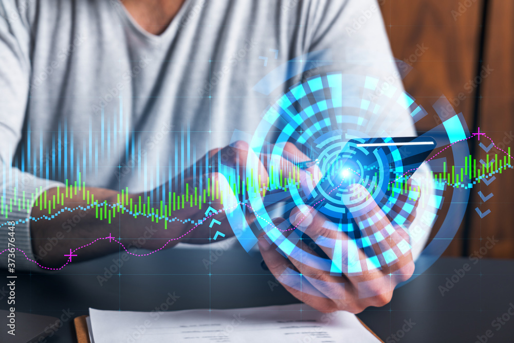 Poster man using phone. hands typing smartphone. double exposure with chart hologram. close up. financial g