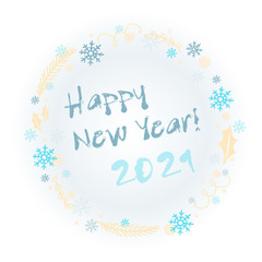 Fototapeta na wymiar Happy new year 2021. Vector lettering with a wreath of serpentine, snowflakes, Christmas tree branch and Poinsettia leaf on gradient background.