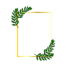 Leaf rectangle frame with olive green  leaves. Golden border isolated on white background. Copy space. Use to postcard, decoration, invitation. 